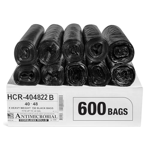 Image of Aluf Plastics 45 Gallon 22 Micron (eq) Black Trash Bags 40 inch x 48 inch 600 Count