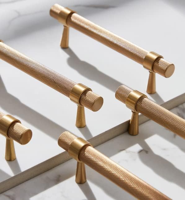 2 Pack Solid Brass Cabinet Pulls, 5 Inch (128mm) Hole Centers Gold Knurled Textured Bar Handles for Drawer Bathroom Kitchen Hardware