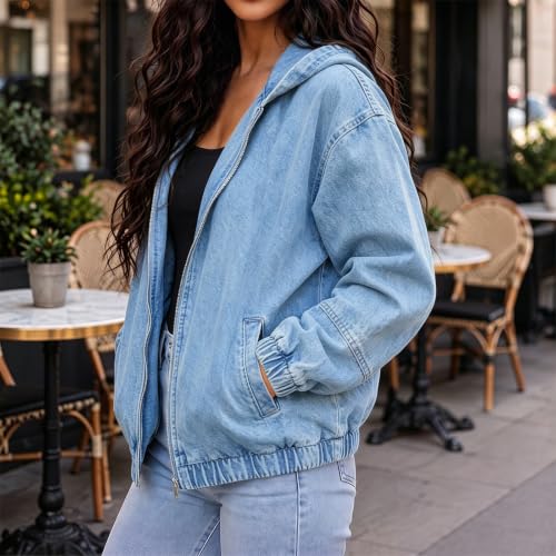 Women's Denim Bomber Jacket Zip Up Jean Jackets Oversized Denim Hoodie - image 3