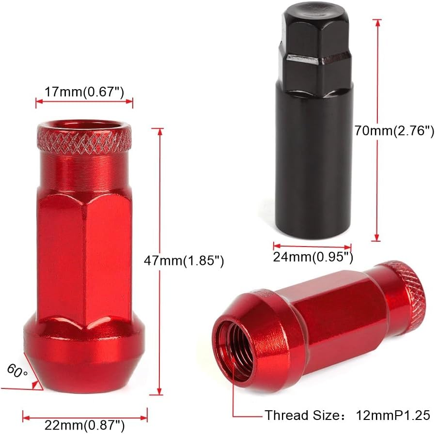 Muge Racing M12x1.5 Bulge Acorn Open End Wheel Nuts - 20 PCS, 12mmx1.5, Red Lug Nuts Set with 1 Key for Toyota, Honda, Ford, Chevrolet, Mitsubishi, Mazda, KIA, Hyundai, Buick