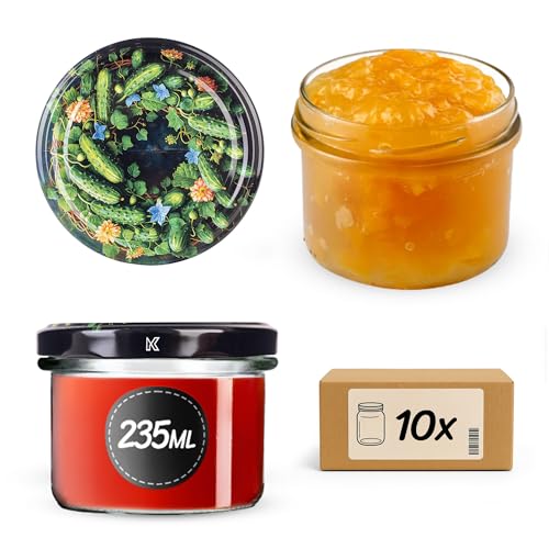 KADAX Tarros de conservas de 235 ml con tapa de rosca fi82 mm, pequeños tarros de mermelada con tapa, tarros de rosca para mermelada y miel, tarros de cristal (pepinos verdes, 10 unidades)