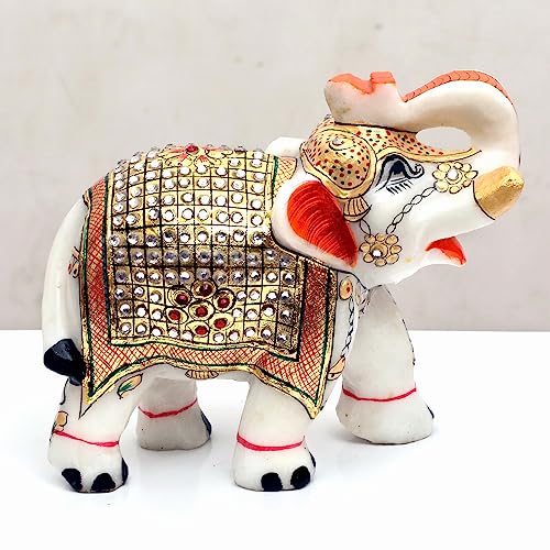 Marble Elephant Large 5 inch Big Size Home Decor Statue for Living Room, Indoor, Front Door, Office, Gifts (Jewelled)
