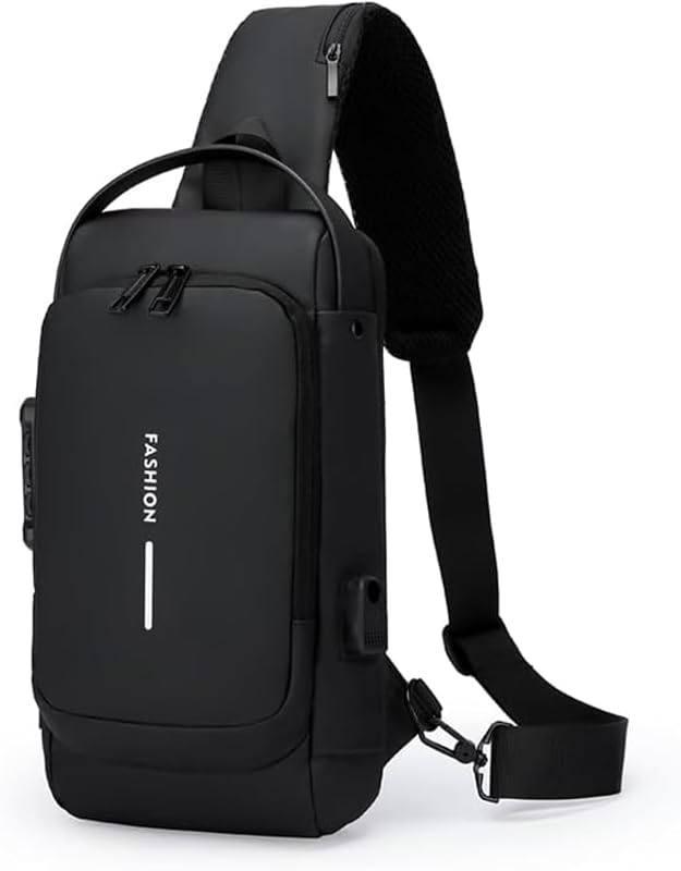 Waterproof Anti-Theft Crossbody Backpack, Unisex Anti-Theft Backpack with USB Port and Password Lock, Multifunctional Bag for Outdoor Activities for Men and Women, Black