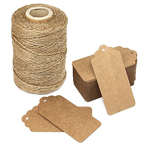 300 Feet Natural Jute Twine and 100PCS Brown Retangle Kraft Paper Gift Tags