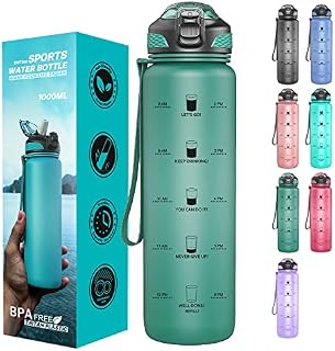Taspire 1 Litre Time Marked Water Bottle with Straw, Leakproof BPA-free Tritan Water Bottle with Time Markings, Motivational Water Bottle with Times to Drink (Red)