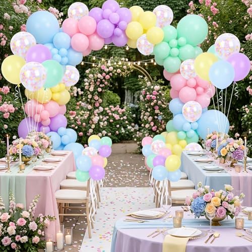 Image of RUBFAC Pastel Balloons Easter Party Balloon, 65pcs 12 Inch Light Rainbow Colorful Latex Confetti Balloons for Easter Birthday Baby Shower Bridal Wedding Party Decoration