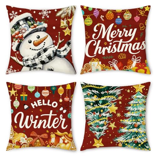 NymphFable 4er Set Kissenbezüge Weihnachten Rot 45 x 45 cm,...