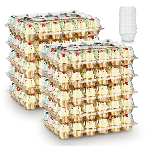 Gencywe (24 Pack x 10 Sets) Stackable Cupcake Carrier Holders with 240 Pack Cupcake Liners, Plastic Cupcake Boxes Holders for 24 Cupcakes, High Tall Dome Lid Cupcake Containers, Clear Cupcake Trays by Gencywe - Used condition - US$18.99