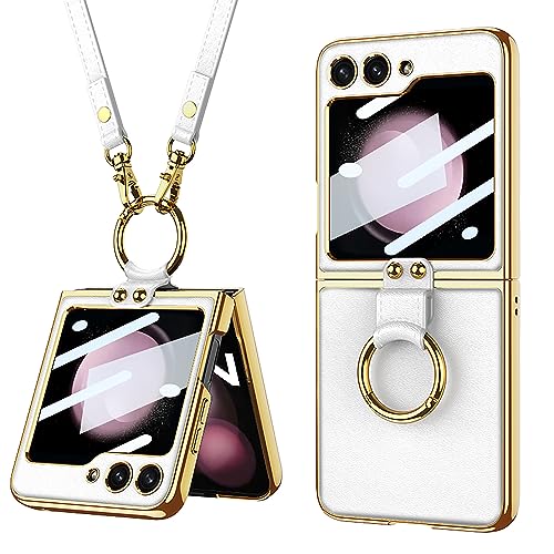 ケース Galaxy Z Flip6/Flip7FE レザー,手帳型 強化ガラス膜 メッキフレーム 折り畳 完全な保護 ストラップ みおしゃれ 薄型 超軽量 ワイヤレス充電サポート カバー 指輪 衝撃吸収 キラキラ 人気 プラスチック ストラップ スタンド