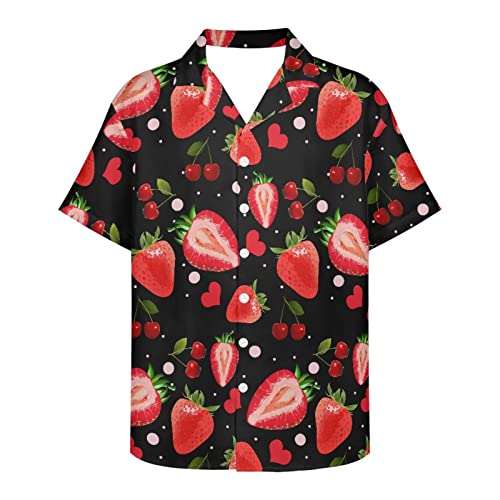 PinUp Angel Red Strawberry Black Print Hawaiian Shirts for Men Short Sleeve Shirt Button Down Beach Shirts Funky Color Block Shirt for Travel