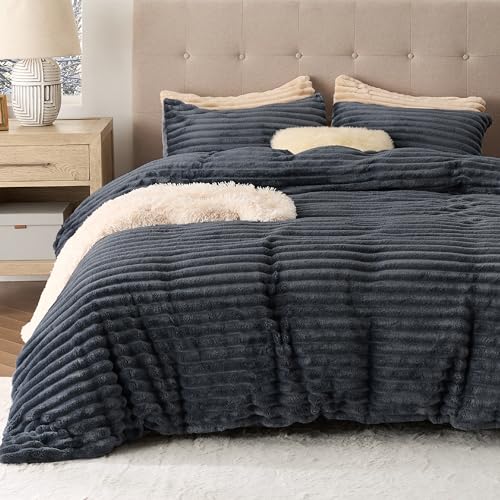 Bedsure Fluffy Duvet Cover Set - Ultra Soft Plush Shaggy Comforter Cover Queen Size, Warm Flannel Fleece Bed Sets for Winter, 3 Pieces (Striped Pattern, Dark Grey)