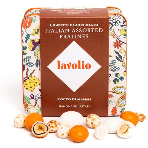 Lavolio Cocco Di Mamma 150 g - Surtido de bombones de chocolate rellenos de frutos secos (Almendra Y Avellana) y coco presentado en una lata metálica decorativa, Regalo gourmet para cualquier ocasión