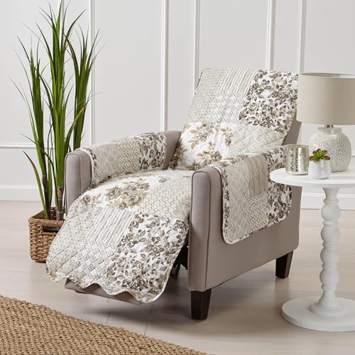 Image of Great Bay Home Reversible Patchwork Recliner Cover - Washable Slipcover Furniture Protector with Elastic Straps - Perfect for Kids & Pets - Box-Stitched Detail (Taupe)