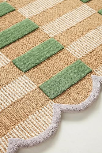 Image of Hand-Tufted Wool Area Rug with Scalloped Edges, Beige and Green Plaid Pattern, Cozy and Soft Accent Rug for Living Room, Bedroom, and Nursery, Handmade Decorative Rug, 8x11 Ft