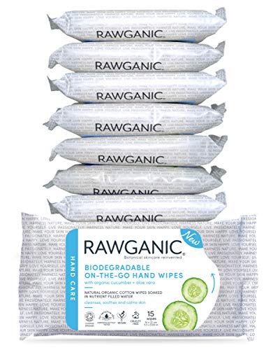 RAWGANIC Biodegradable On-the-Go Hand Wipes | Moist Alcohol-free Fragrance-free Organic Cotton Wet Wipes | with Aloe Vera & Cucumber (8 Packs of 15 (120 wipes))