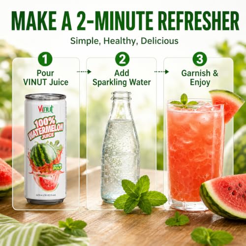 Image of VINUT 100% Watermelon Juice with Pulp, Hydrating Electrolyte Drink, No Added Sugar, Not From Concentrate, Gluten Free & Non-GMO Drink, 100% Vegan /Plant-Based, 10.82 fl oz Cans (Pack of 24)