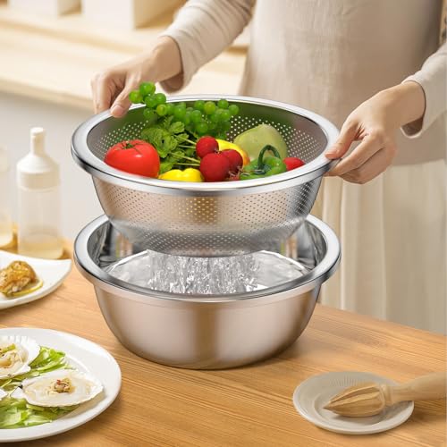 image for JSCARES 304-Stainless-Steel Colander with Mixing Bowls, 5-Quart Large 
