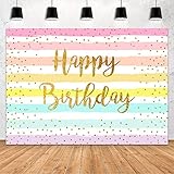 MEHOFOND Rainbow Stripes Happy Birthday Backdrop Party Decoration for Childs Adults Colorful Golden...