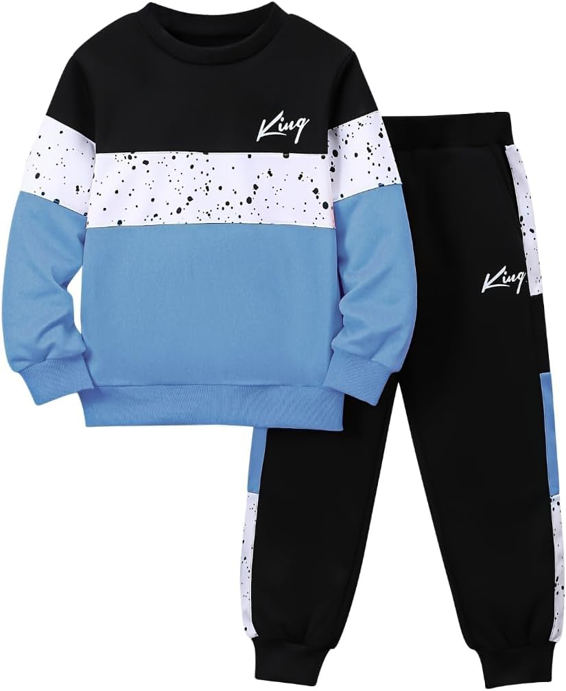 Jolyshlid Boys 2 Piece Pants Set Long Sleeve Color Block Sweatshirt Pullover Tops and Sweat Pants Fall Winter Outfits 4-12Y