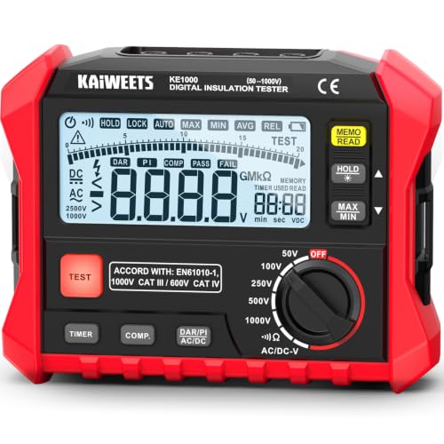 KAIWEETS Megohmmeter Insulation Resistance Tester Up to 100G 50V/100V/250V/500V/1000V One-Touch DAR/PI with AC/DC Voltage Testing for Motors Solar HVAC