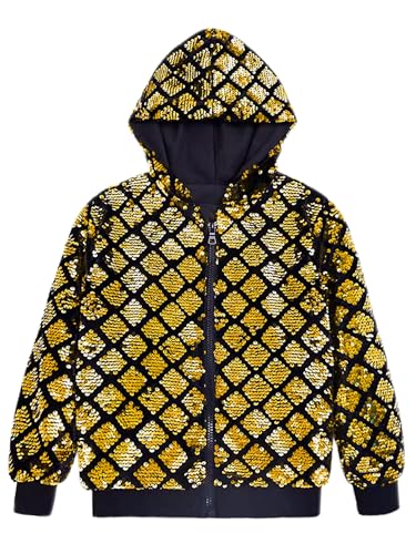 Image of Lars Amadeus Argyle Golden Sequins Jackets for Men's Long Sleeves Metallic Shiny Hooded Disco Jacket Large