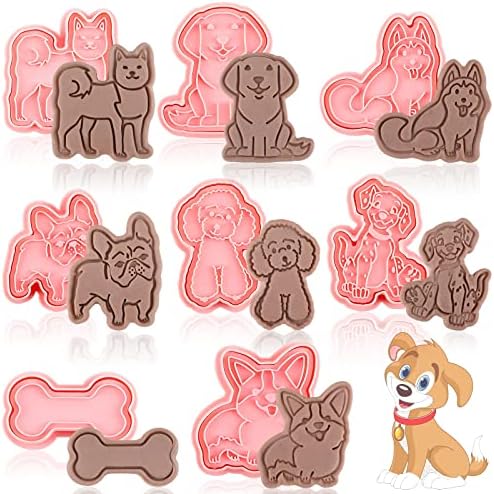 8 Pcs Dog Cookie Cutters with Plunger Stamps Set 3D Puppy Bone Shape Biscuit Cutter Funny Cartoon Cookie Stamps Stamped Embossed Dog Cookie Cutters for Treats DIY Cookie Cake Baking Supplies