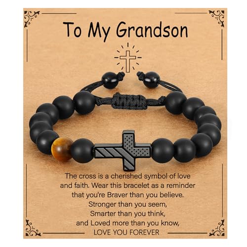 Image of P. BLAKE Cross Bracelet for Boys Men, American Flag Cross Natural Beads Bracelet Christian Religious Birthday Jewelry Gifts for Teen Boys