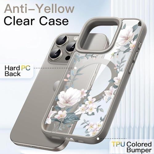 Image of VONZEE Compatible with iPhone 15 Pro Max Case Luxury Retro Flowers Floral Clear for Magnetic Wireless Charging Case Shockproof Case PC+TPU Cute Glossy Shiny Cover for Girls Women, 6.7'' Grey