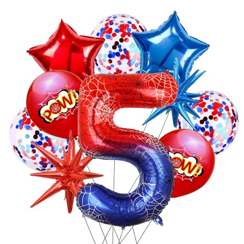 Spider Ballon 5 Ans Anniversaire Numero 5 Ballon, 10 Pièces Spider Ballons en Aluminium Étoile Confettis Latex Ballons Anniversaire 5 Ans pour Halloween Célébrations Fête