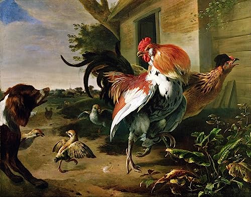 Poster toile volaille et épagneul De Hondecoeter 50x70 cm, cadeau idéal passionnés d'art