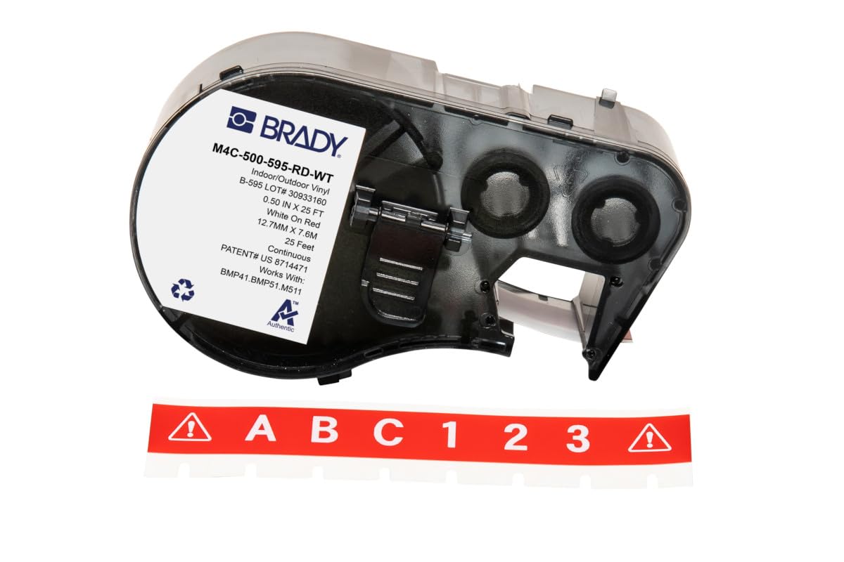 Brady Authentic (M4C-500-595-RD-WT) All-Weather Permanent Adhesive Vinyl Labels 0.5 in W x 25ft White on Red. for use with BMP41, BMP51, M410, M510, and M511 Label Printers.