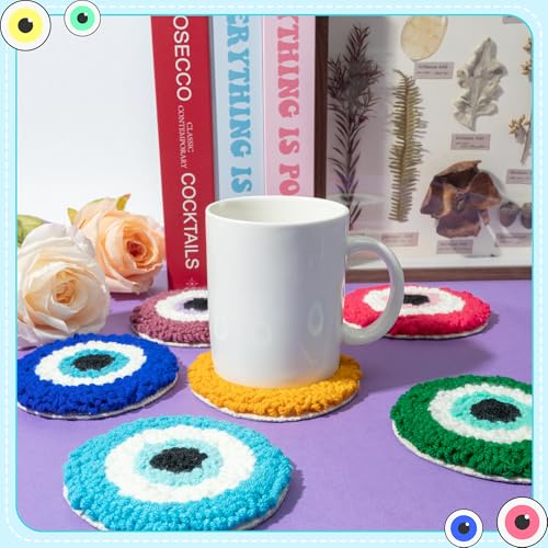 Image of WATINC Devil Eye Punch Needle Coaster Kit - 22Pcs Easy Art Work Decor Craft Supplies Kits for Beginners, DIY Set of 6 Pattern Tufted Rug Pads with Adhesive Felt Yarns Embroidery Hoop Instruction Gifts