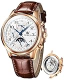 OLEVS Watch for Men Automatic Multi Calendar Moonphase with 3ATM Waterproof Leather Strap Business Classic Luxury Wrist Watch Gold&White