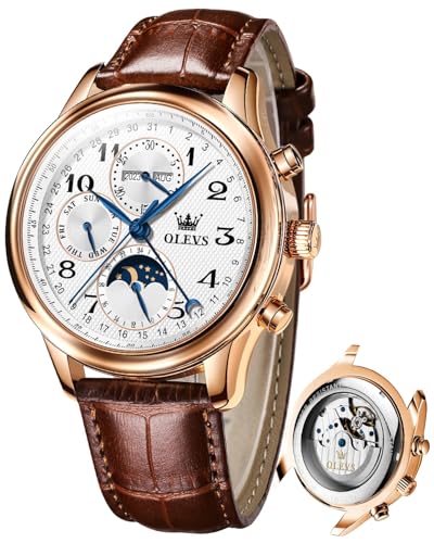 OLEVS Watch for Men Automatic Multi Calendar Moonphase with 3ATM Waterproof Leather Strap Business Classic Luxury Wrist Watch Gold&White