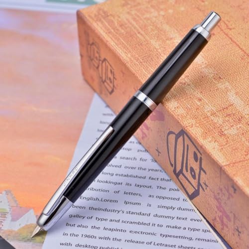 Image of GOLD LEAF Jinhao 20 Press Retractable Fountain Pen - Fine Nib with Converter - Plastic Body & Metal Clip - Multiple Colors - Smooth Writing Pen (No Ink Included) (Piano Black (Silver Clip))