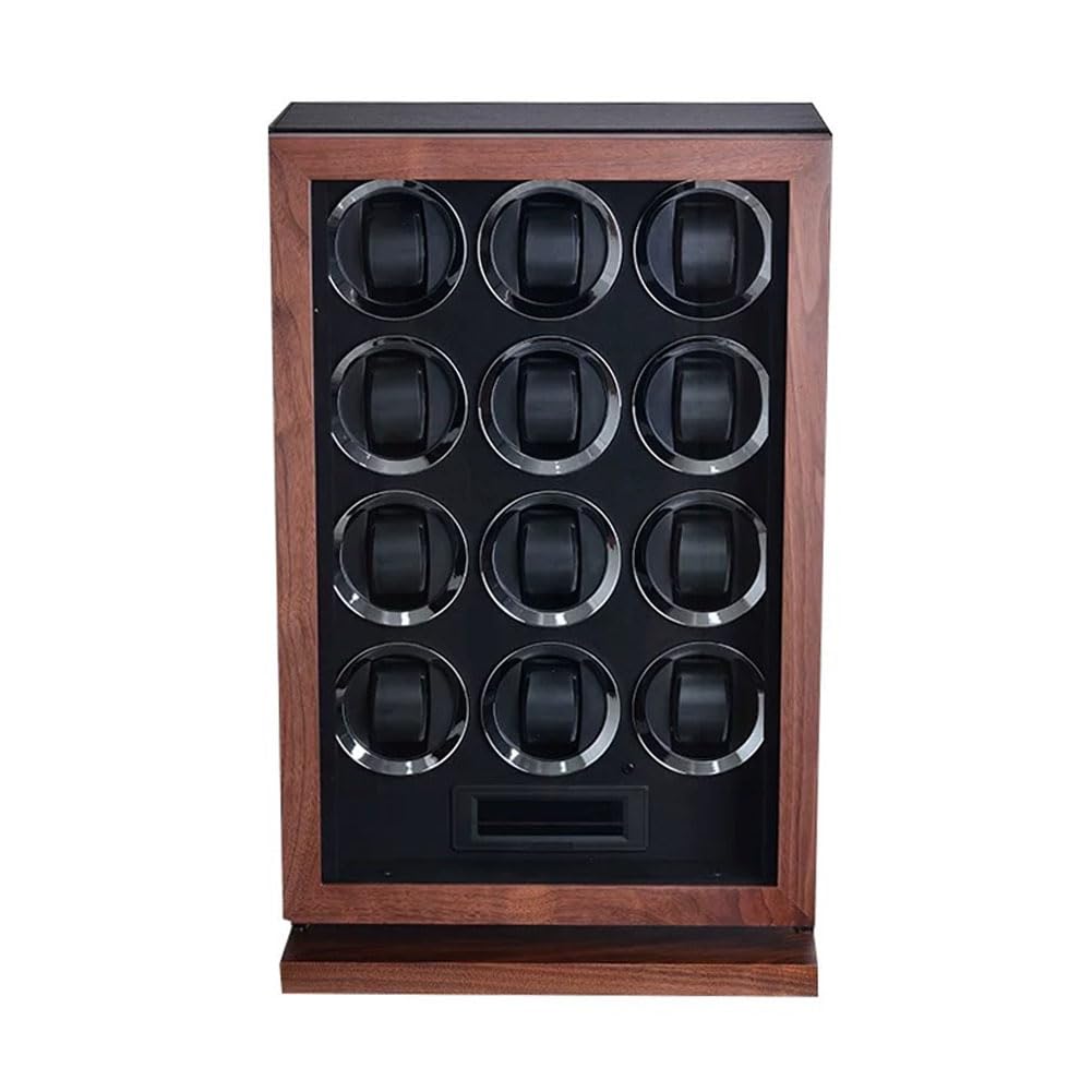 Relojero Automatico, Bobinadora de Relojes Madera Maciza de Nogal Negro 12 Winding Slots | Vertical con Reinicio Automático Totalmente Antimagnético Ultrasilencioso con Iluminación Ambiental Led