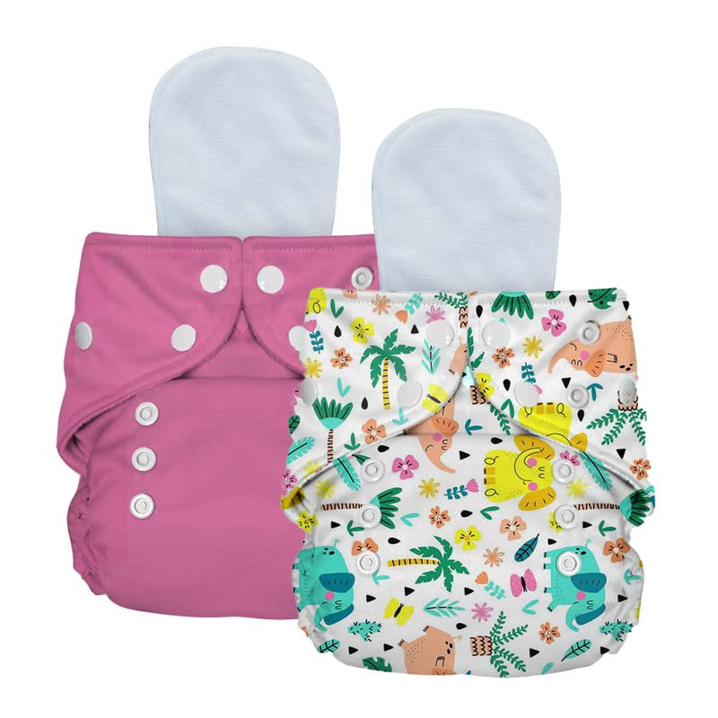 Image of Bumtum Baby Diaper | 0-3 Yrs Baby Freesize | Pack of 2, New Born Baby Diaper, Cloth Diaper, Waterproof Reusable Diaper, 5hrs Absorbency, Washable, Cotton, Extra Soft (Solid Pink & Jungle Print)