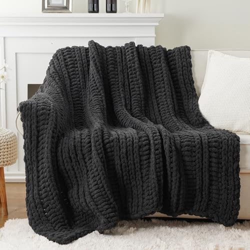 Battilo Chunky Knit Throw Blanket for Couch, 50"x60", Charcoal