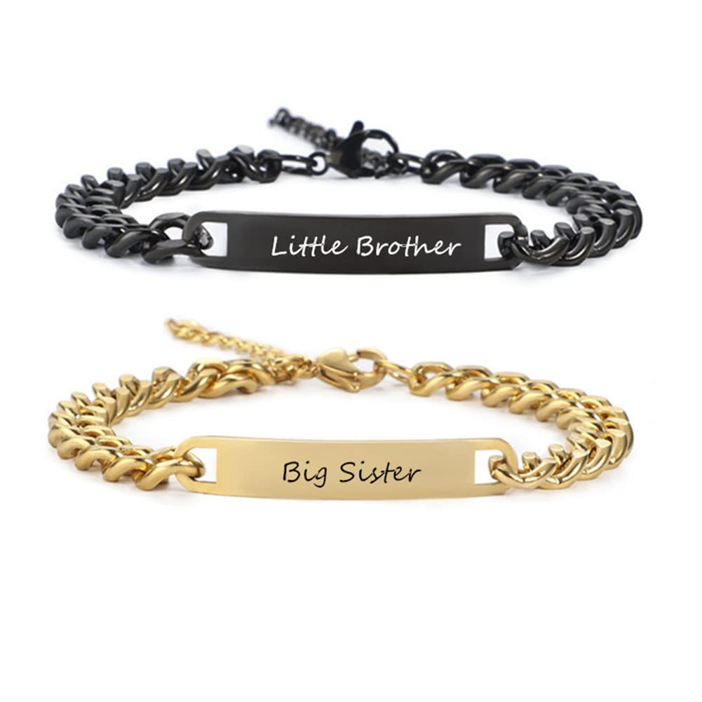 LiFashionPersonalized Big Sister and Little Brother Sibling Matching Bracelet Set Stainless Steel Name Engraved Family Jewelry Gifts for Brother from Sister Set for 2
