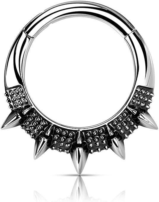Pierced Owl - 16GA Precision All 316L Surgical Steel Burnished Spiked Fan Hinged Segment Ring