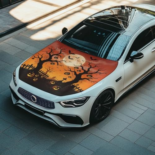 Image of Spooky Halloween Moon Print Car Hood Cover Easy to Install Fabric Hood Cover Halloween Vehicles Decorate Engine Removable Automotive Accessories Personalized Suitable for Cars(59x39 Inch)