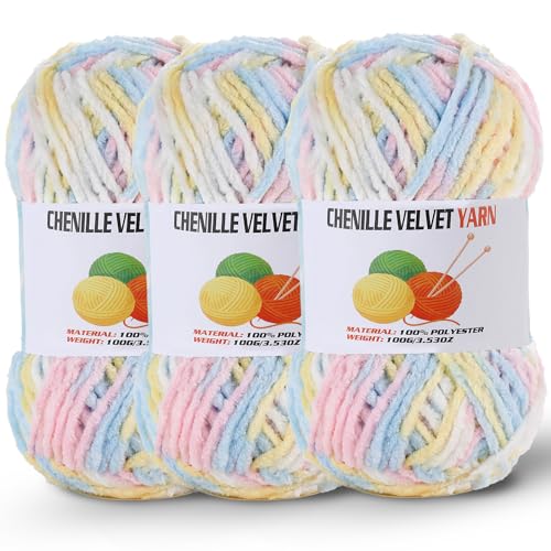 Image of 3 * 100g /3.5oz Fluffy Chenille Yarn for Crocheting, Chunky Velvet Yarn for Crochet Amigurumi, Used for Making Baby Yarns Blanket, Clothes, Pattern Knitting Creations (Colorful-C)