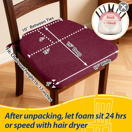 Image of AAAAAcessories D-Shaped Chair Cushions, 2 inch Thick Dining Chair Pads with Ties and Removable, Machine-Washable Cover, 17 inch x 16 inch, Set of 6, Wine Red