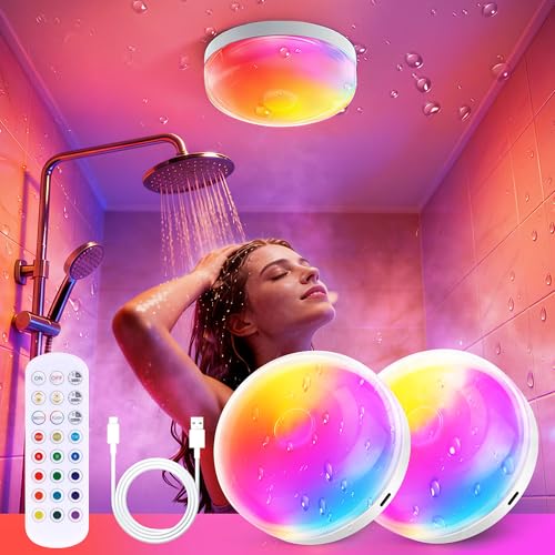 2PCS Wasserdichte Duschlampe IP44 mit Fernbedienung 16 Farben LED Deckenlampe Akku Magnetisch Kabellos Touch & Fernbedienung Ohne Bohren für Badezimmer Dusche Bad als Deckenlampe Wandleuchte