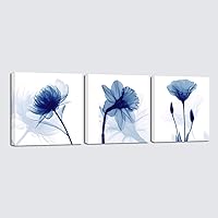 Wieco Art Blue Abstract Flowers 3 Panel Giclee Canvas Wall Art - Stretched Framed Modern Prints for Living Room Bedroom Decor
