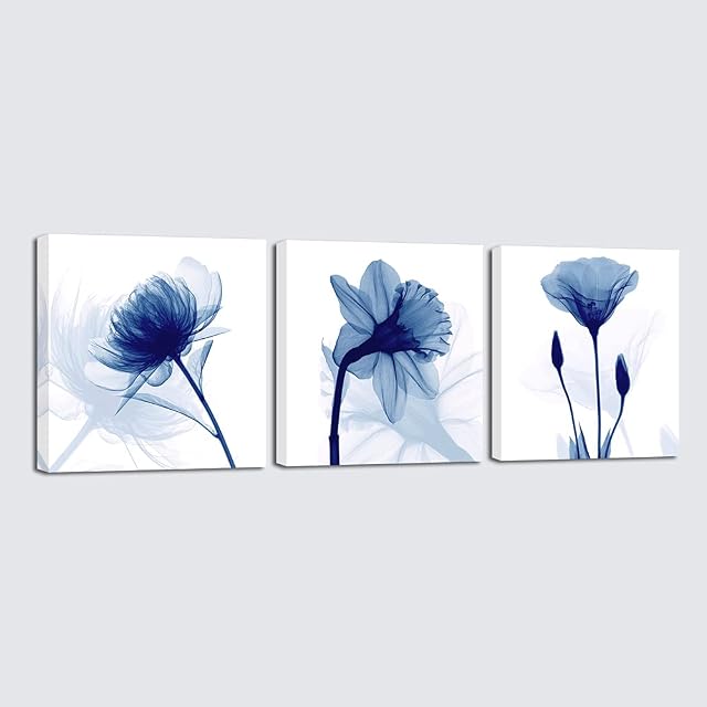 Wieco Art Fleurs abstraites bleues 3 Panneaux Giclee Canvas Imprimes Mur Art Photos modernes Artwork pour salon Chambre et décorations de maison