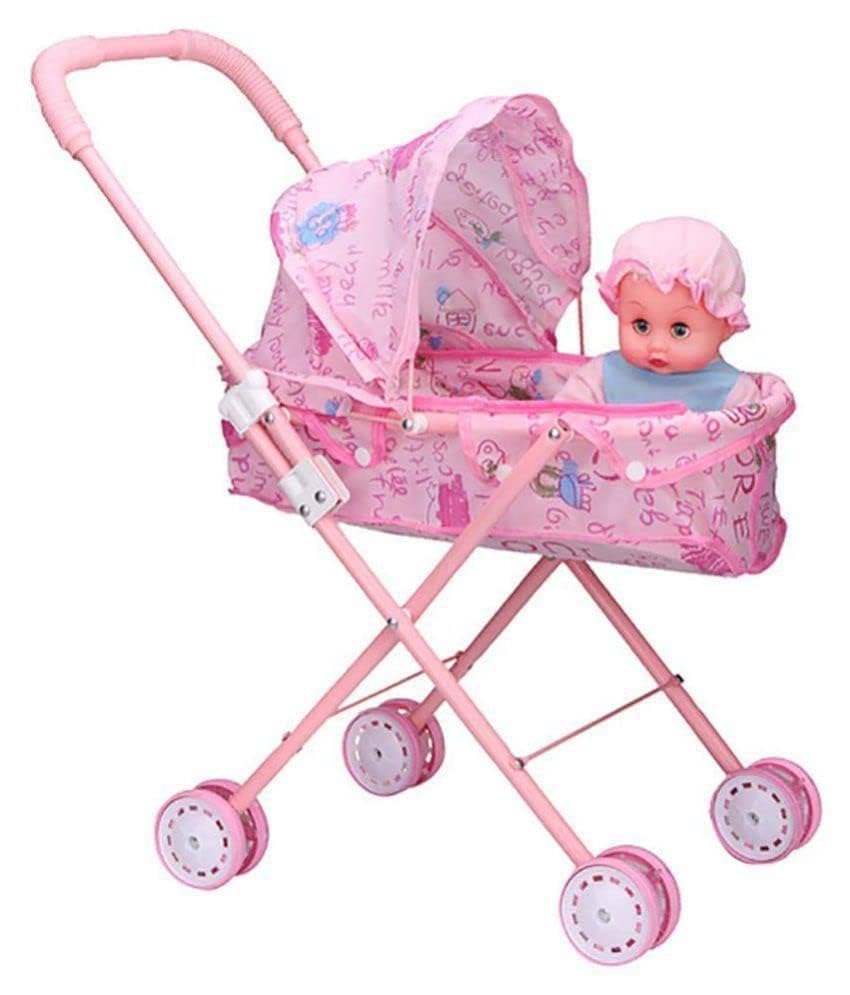 Foldable Doll Stroller for Kids, Lightweight Toy Baby Pram with Canopy & Storage Basket, Pink Doll Buggy for Toddlers Girls Pretend Play Gift-image-1