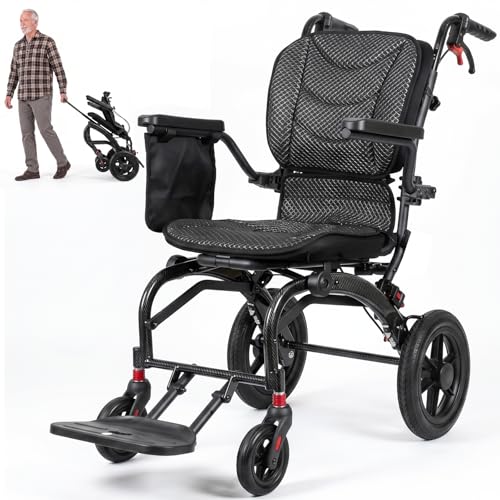 Image of SOFTFISH Transport Wheelchair with Ergonomic Design & Pull Rod, Wheelchairs for Adults with Adjustable Push Handles & Footrests, 12 inch Rear Wheels, Flip-Back Armrests, Carbon Fiber Aluminum Frame