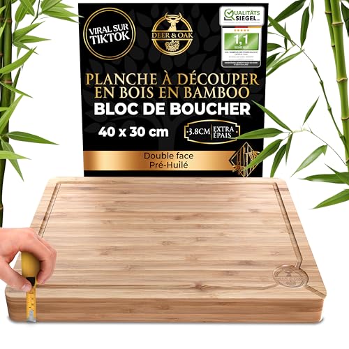 Deer & Oak Planche à découper extra large – Bloc de boucher en bambou de qualité supérieure, 40 x 30 x 3.8 cm, planche à découper en bois pour cuisine, planche à découper très résistante