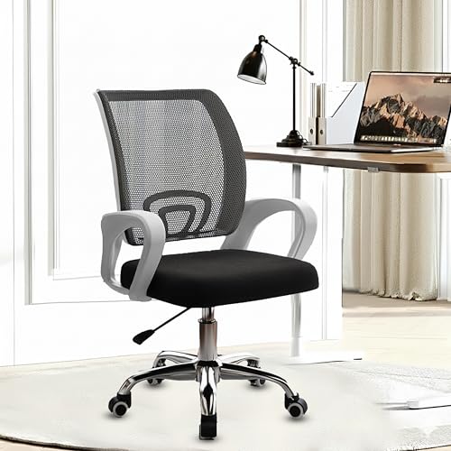 Image of Casa Copenhagen Mesh Mid Back Office /Study /Computer /Revolving /Desk Chair for Work from Home -Metal Base, Height Adjustable Seat - Soot Black & White Handle